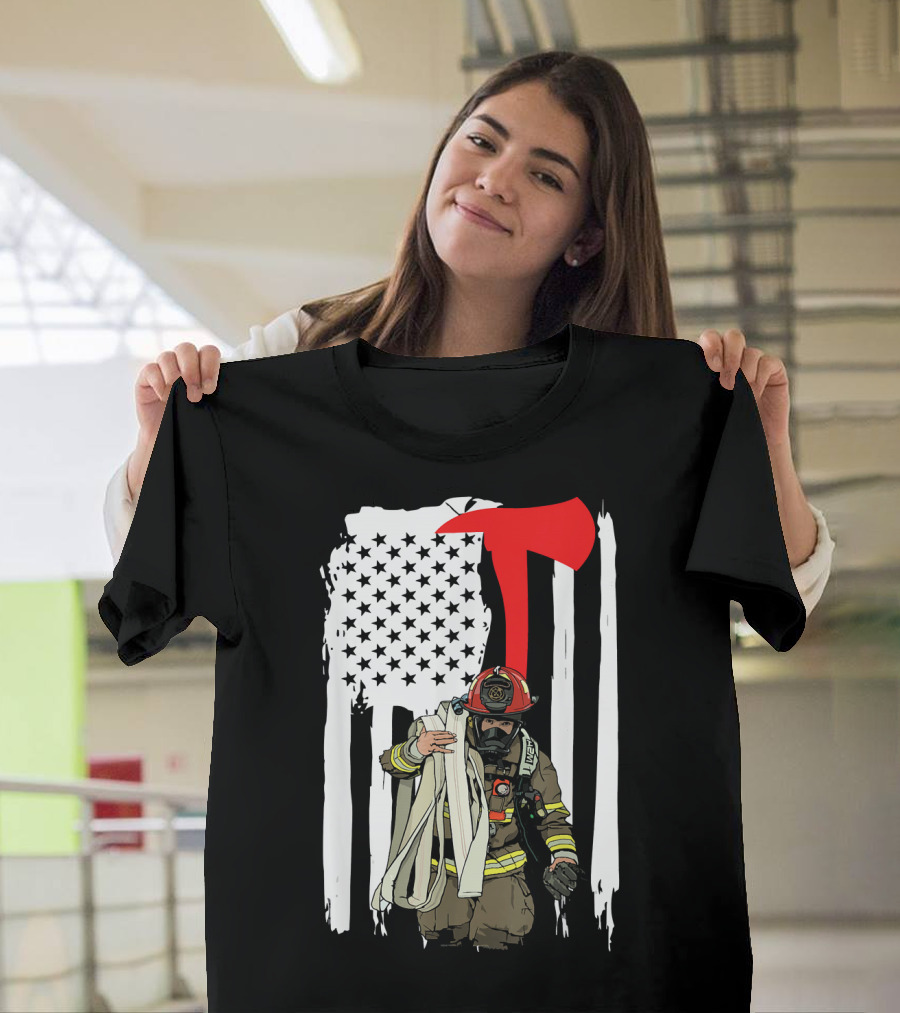 American Flag Firefighter Hero USA Axe and Stars T-Shirt