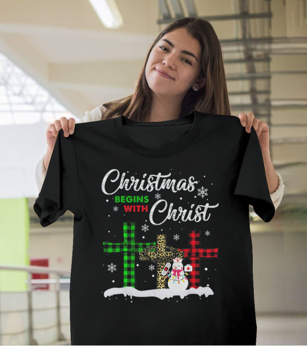 Christmas Begins With Christ Plaid Crosses With Snowman And Snowflakes T-Shirt