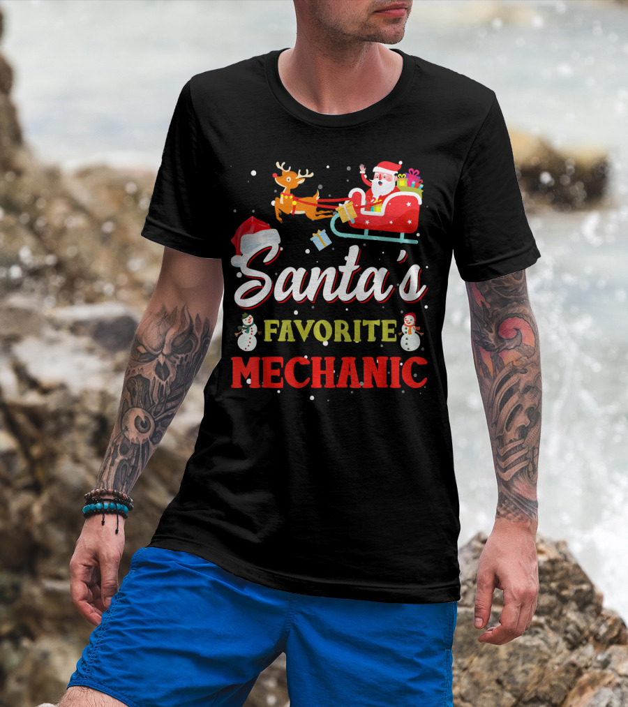 Santa's Favorite Mechanic With Sleigh And Snowmen Christmas Scene T-Shirt