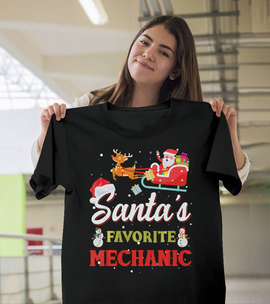 Santa's Favorite Mechanic With Sleigh And Snowmen Christmas Scene T-Shirt
