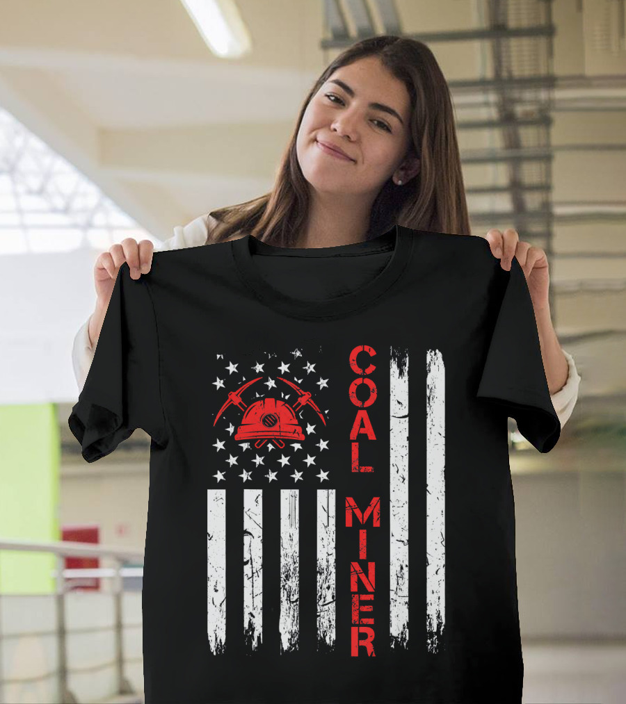 American Coal Miner USA Flag Helmet and Crossed Pickaxes T-Shirt