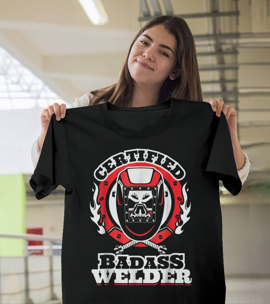 Certified Badass Welder Flames and Skull Mask T-Shirt