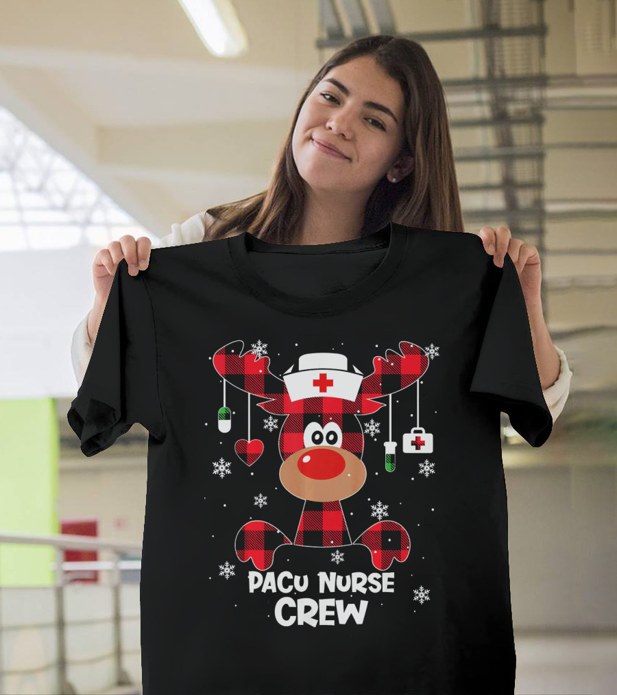Buffalo Plaid Reindeer PACU Nurse Crew Festive Holiday T-Shirt