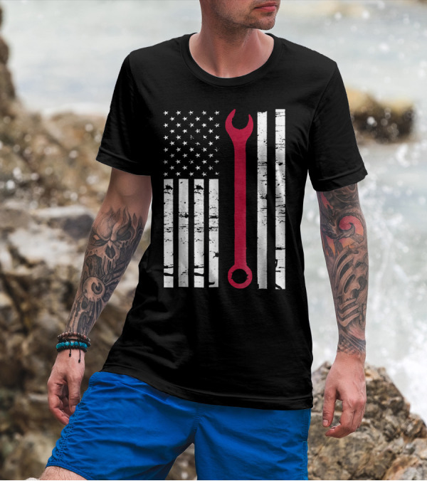 American Flag With Red Wrench Engineer Auto Mechanic T-Shirt