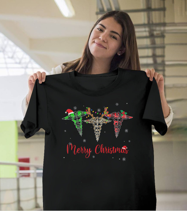Merry Christmas Buffalo Plaid Nurse Holiday Caduceus T-Shirt