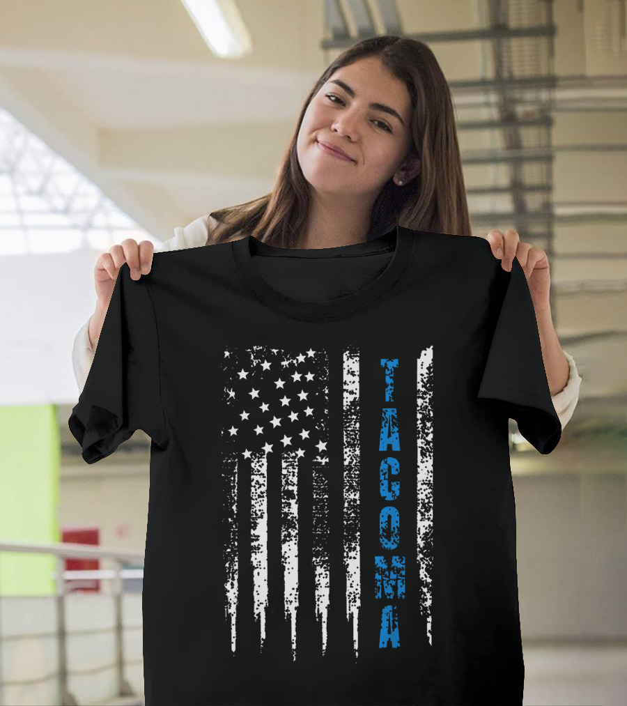 Distressed American Flag with Blue Line Tacoma T-Shirt