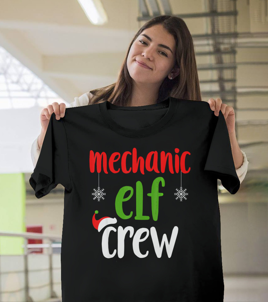 Mechanic Elf Crew Christmas Snowflakes Santa Hat T-Shirt