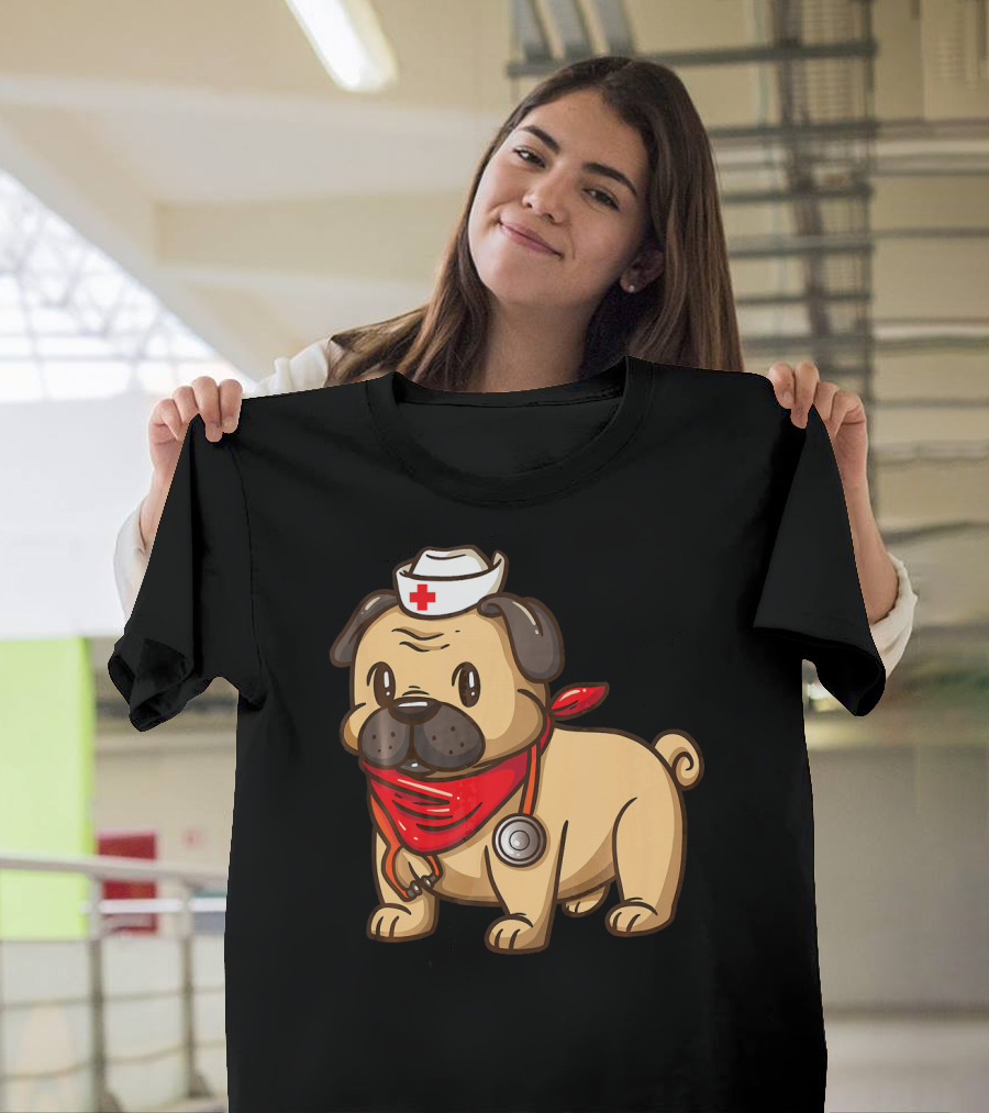 Cute Nurse Practitioner Pug Puppy Dog with Red Bandana and Nurse Hat T-Shirt
