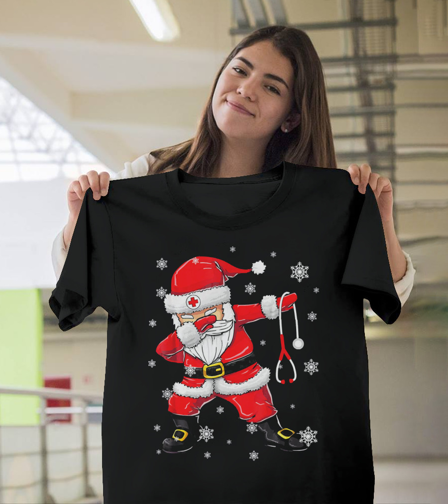 Dabbing Santa with Stethoscope Surrounded by Snowflakes T-Shirt