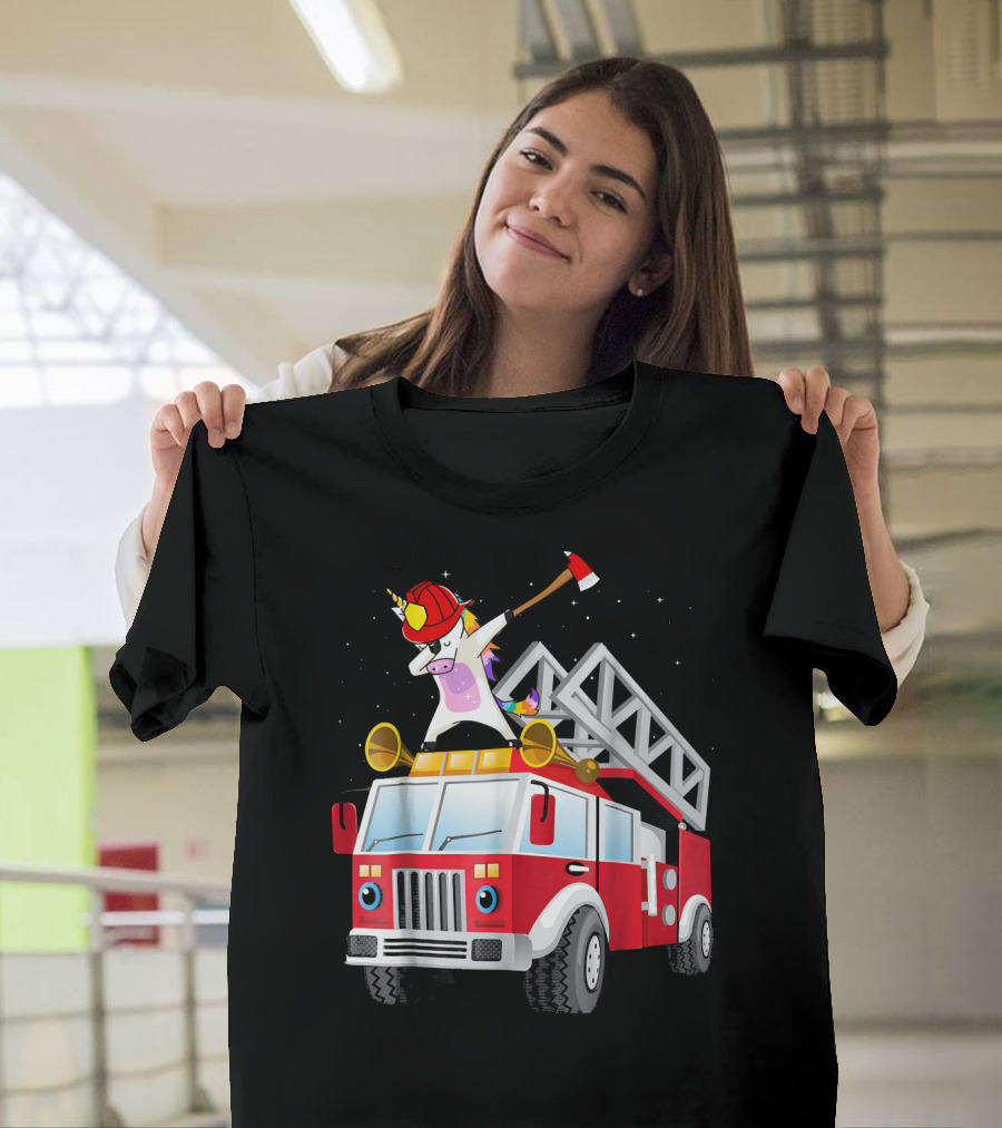 Dabbing Firefighter Unicorn on Fire Truck with Axe T-Shirt