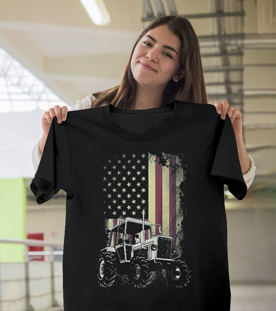 Farm Tractor with American Flag Background T-Shirt