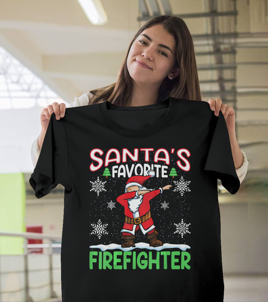 Santa's Favorite Firefighter Dab Snowflakes Christmas Trees T-Shirt