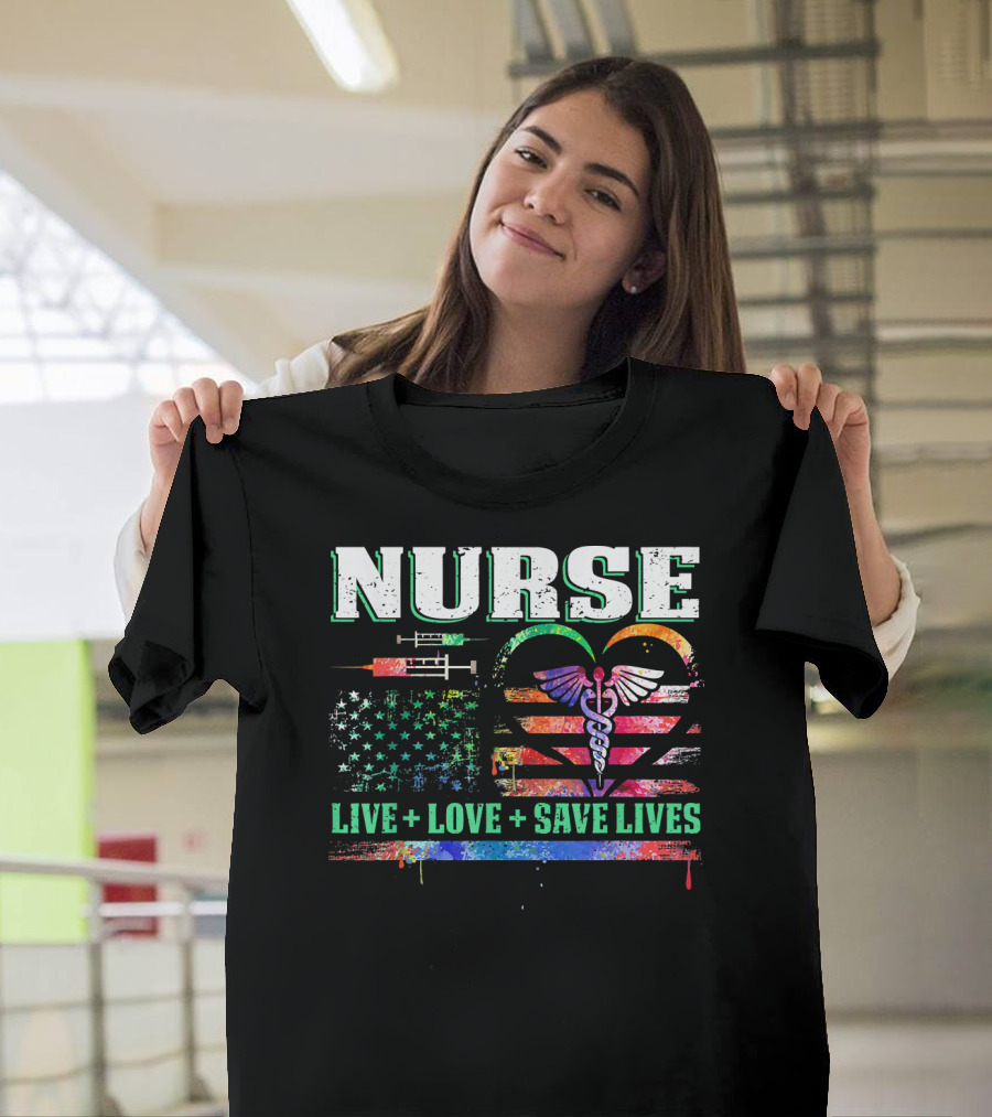 Nurse Heartbeat Live Love Save Lives Caduceus American Flag Syringe T-Shirt
