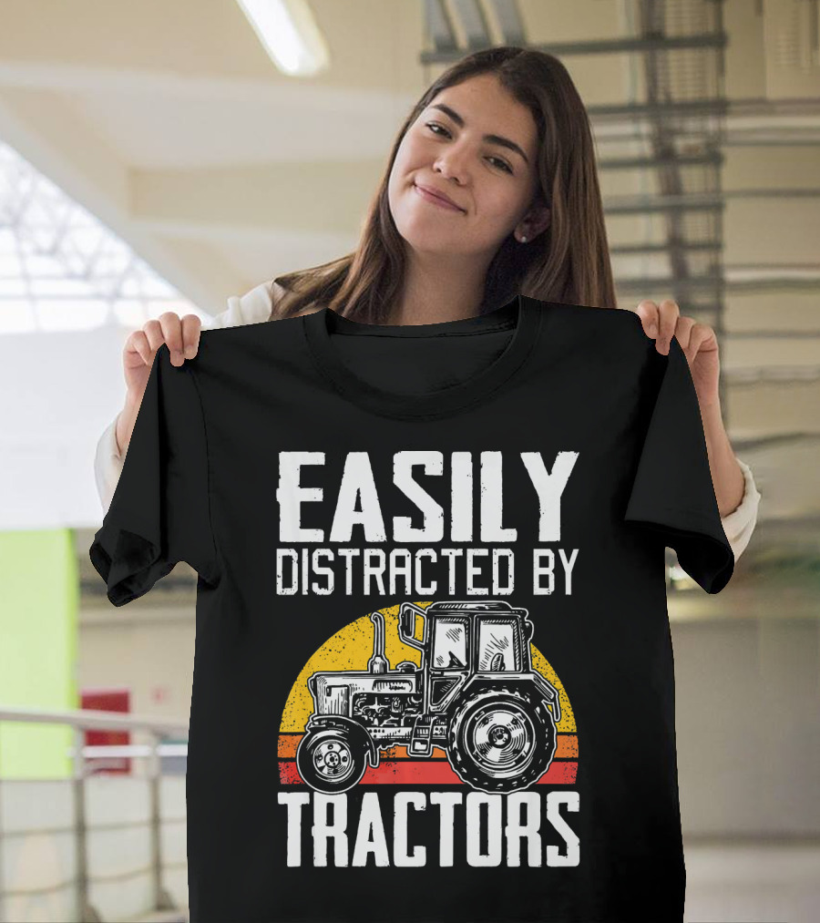 Easily Distracted By Tractors Retro Sunset Tractor T-Shirt