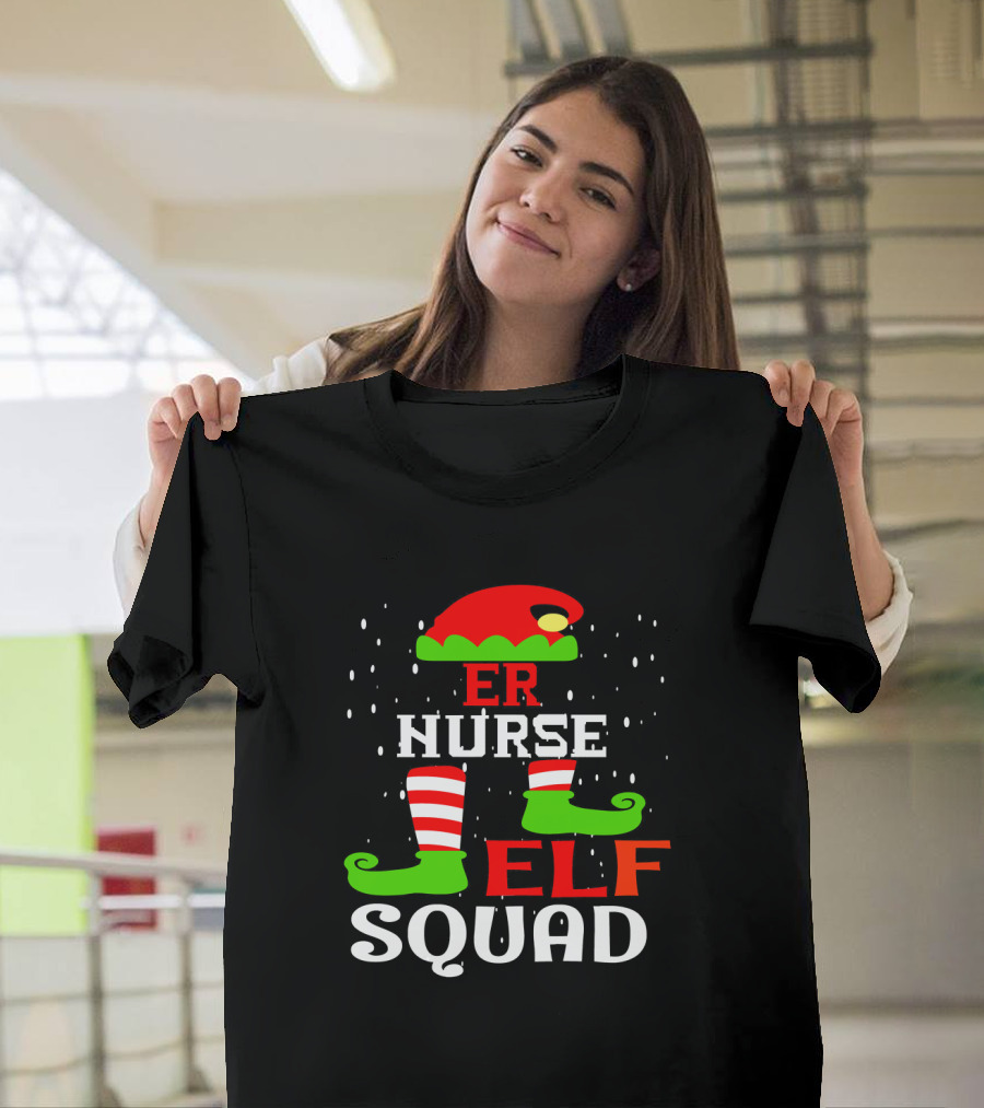 ER NURSE ELF SQUAD Christmas Elf Hat and Striped Stockings T-Shirt