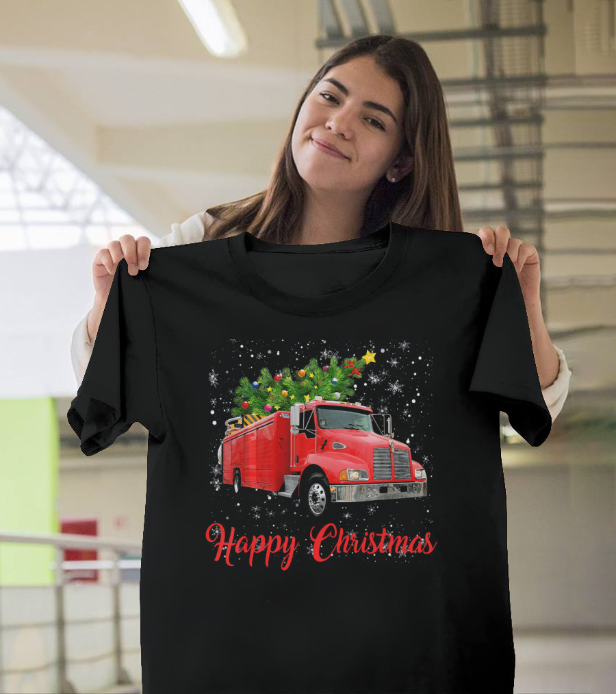 Happy Christmas Firefighter Truck with Christmas Tree T-Shirt