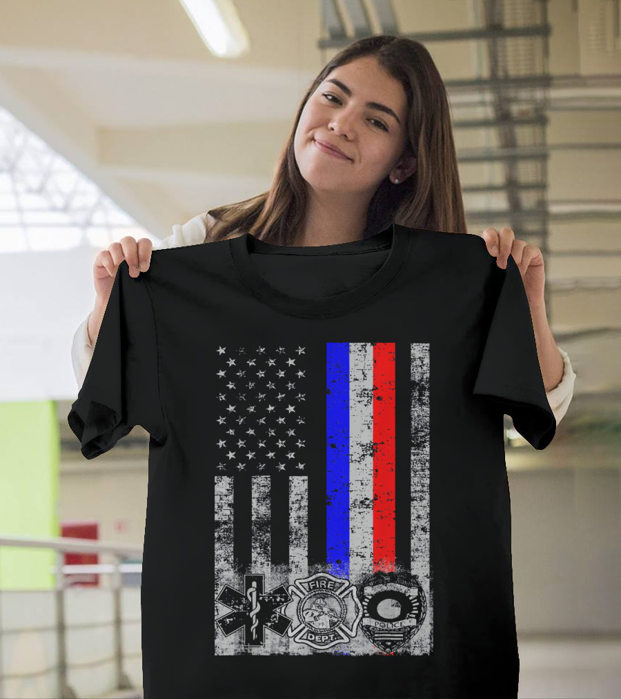 American Flag First Responder Fire Dept EMT Police Badge T-Shirt