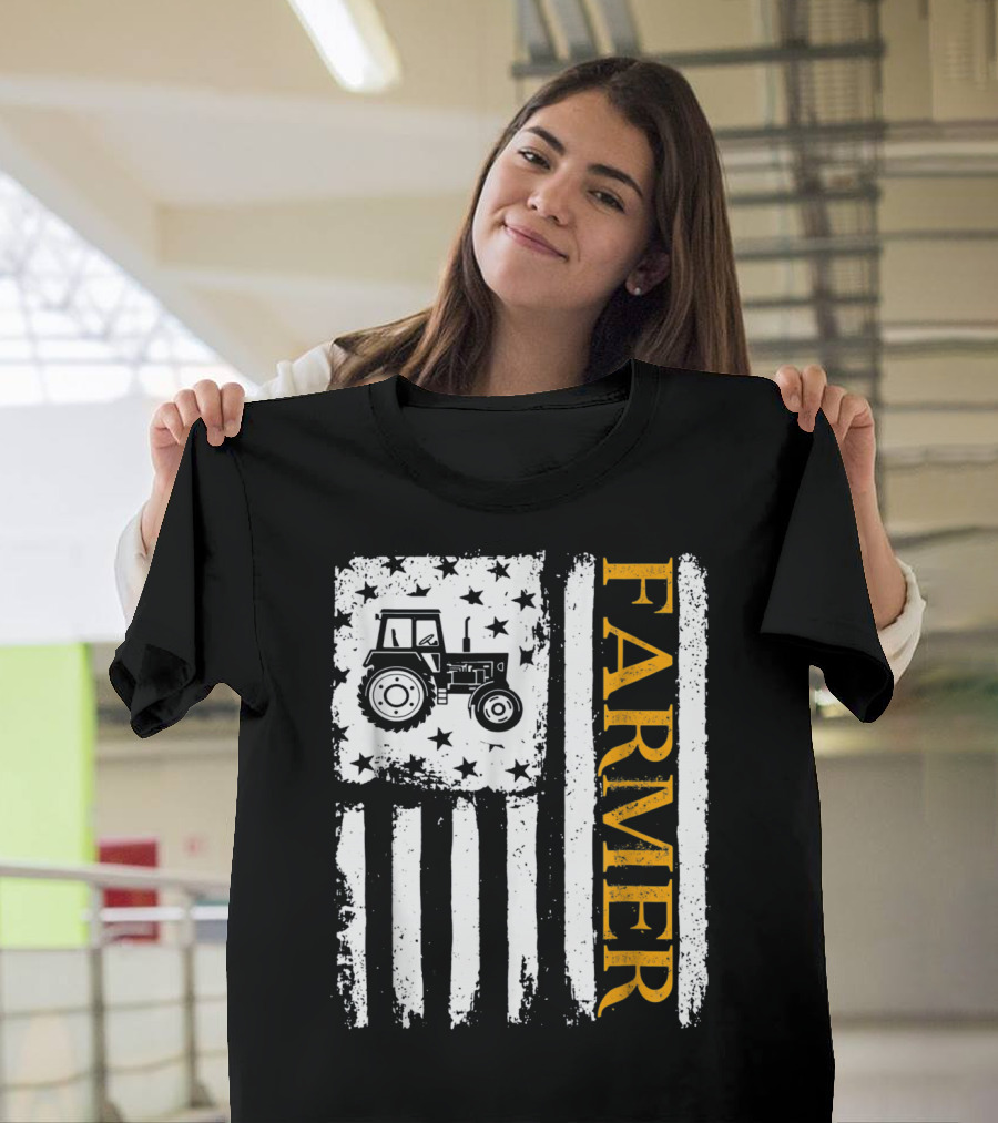 FARMER Tractor USA Flag Harvest T-Shirt