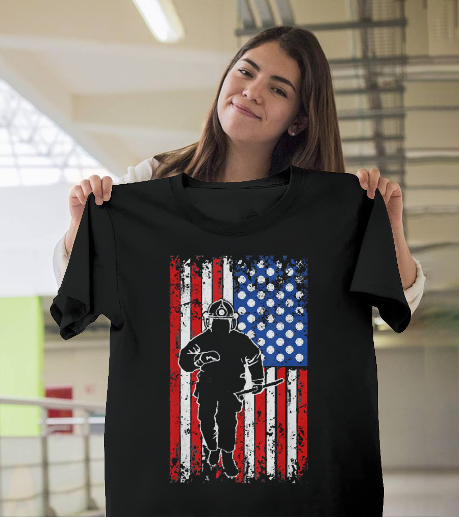 Firefighter Rescue Silhouette American Flag Fireman T-Shirt