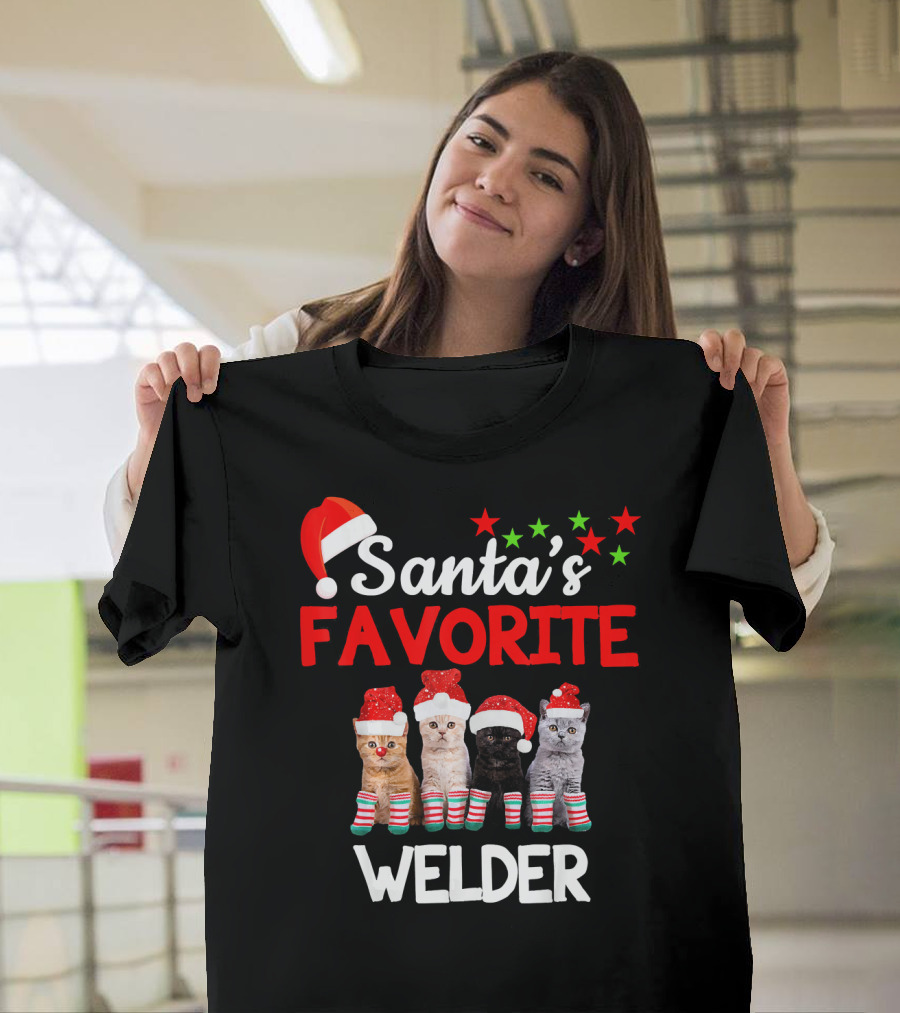 Santa's Favorite Welder Cats in Christmas Hats and Striped Socks T-Shirt