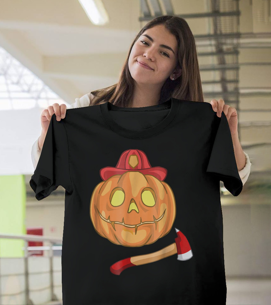 Firefighter Pumpkin Face with Hat and Axe Halloween Fun T-Shirt