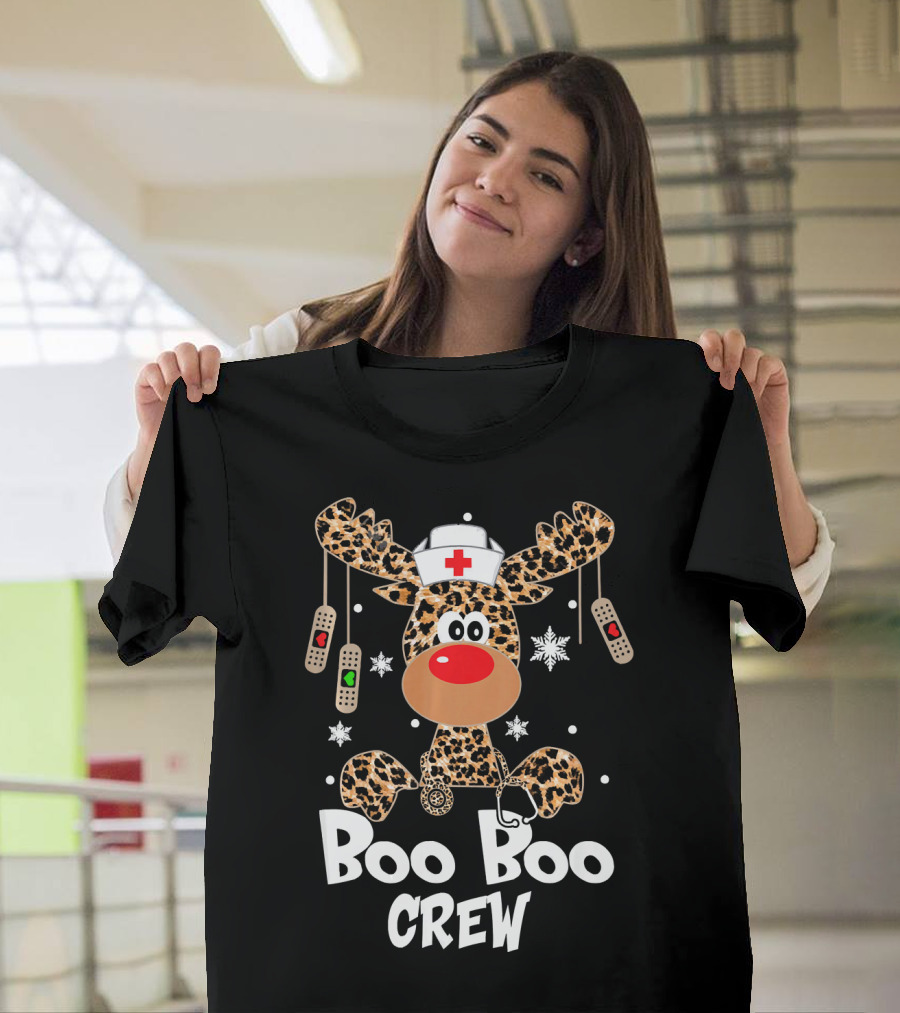 Funny Cute Reindeer Leopard Boo Boo Crew T-Shirt