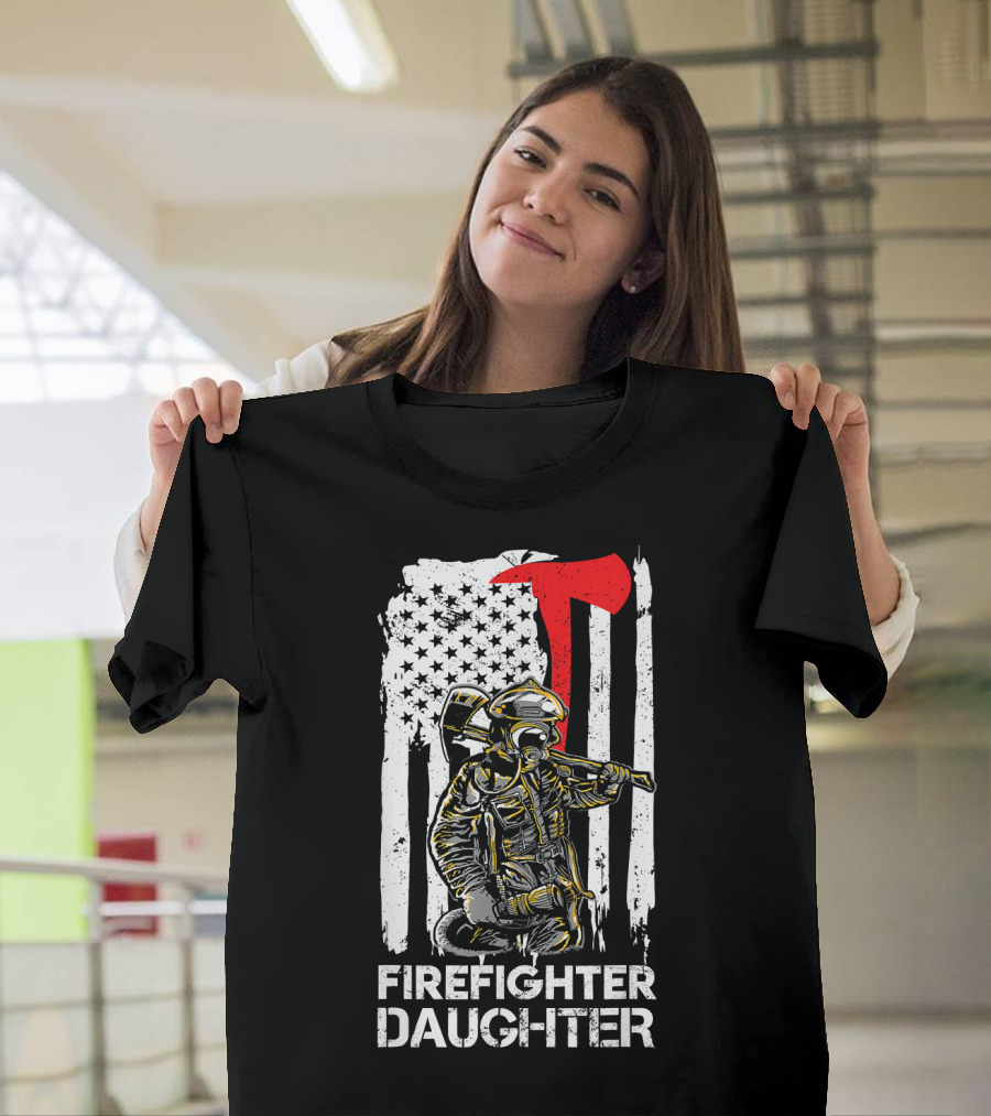 Firefighter Daughter USA Flag Thin Red Line with Firefighter Gear T-Shirt