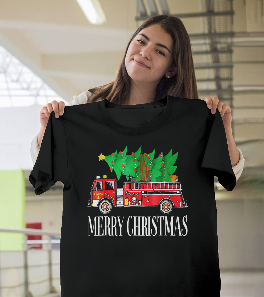 Firefighter Engine 1 Merry Christmas Fire Truck Tree T-Shirt