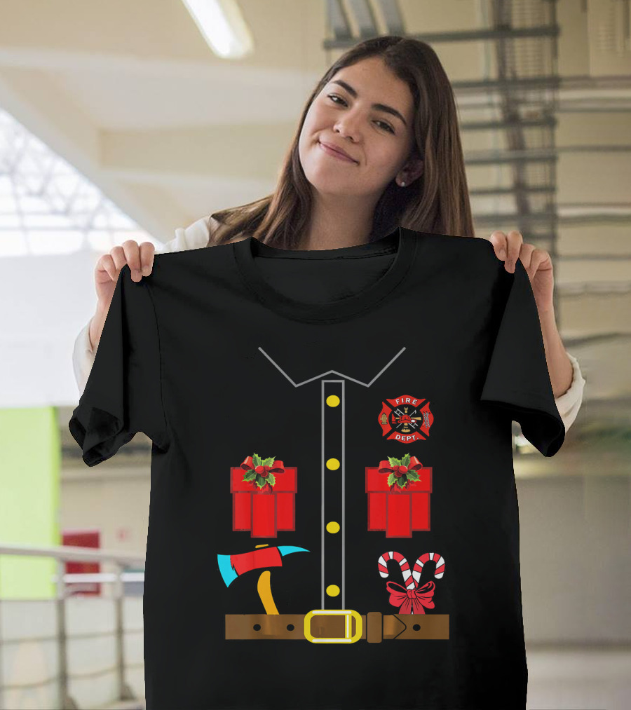 Firefighter Santa Costume Candy Cane Axe Christmas Funny Fire Dept T-Shirt