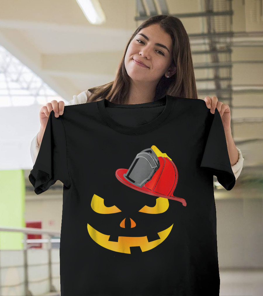 Firefighter Helmet Lantern Pumpkin Face T-Shirt
