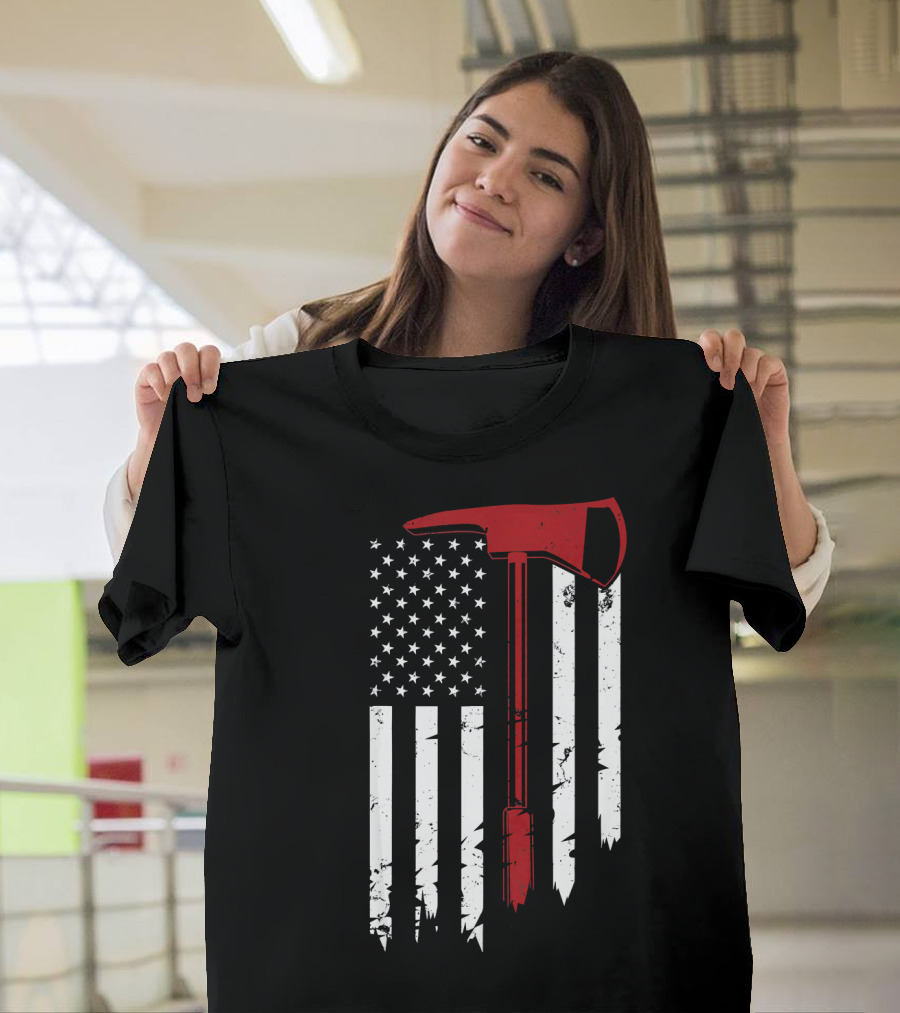 American Flag Firefighter Axe 4th of July T-Shirt