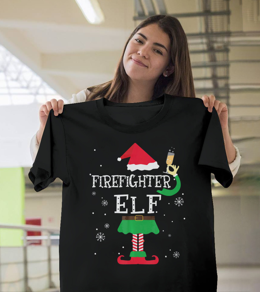 Firefighter Elf Christmas Holiday Cheer with Santa Hat and Festive Snowflakes T-Shirt