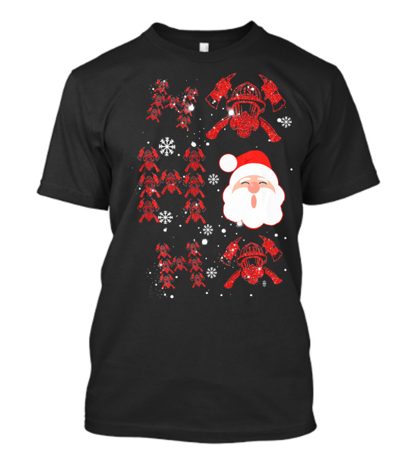 Funny Santa Firefighter Merry Christmas Snowflakes Helmet Axe T-Shirt