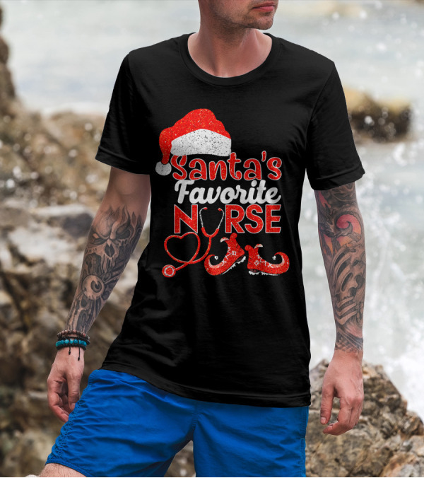 Santa's Favorite Nurse Glitter Christmas Hat Stethoscope And Elf Shoes T-Shirt