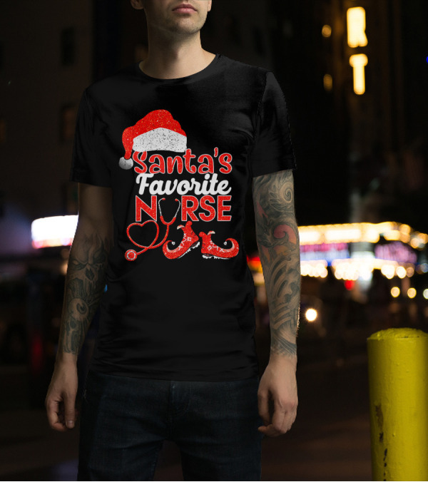 Santa's Favorite Nurse Glitter Christmas Hat Stethoscope And Elf Shoes T-Shirt