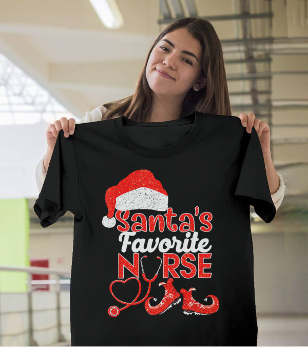 Santa's Favorite Nurse Glitter Christmas Hat Stethoscope And Elf Shoes T-Shirt
