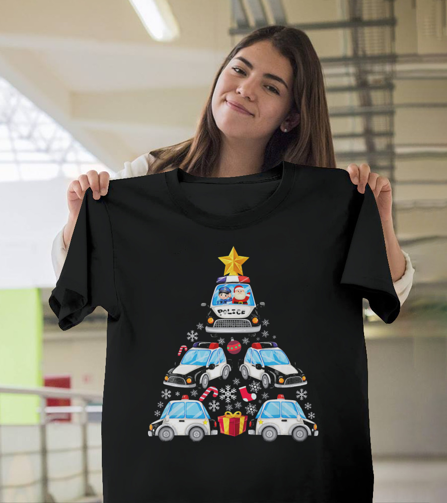 Police Car Christmas Tree with Santa and Officer T-Shirt