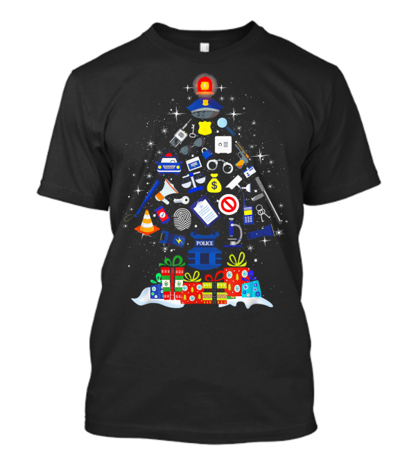 Christmas Tree Made Of Police Items With Gifts And Badge T-Shirt