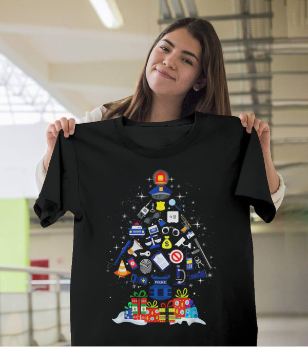 Christmas Tree Made Of Police Items With Gifts And Badge T-Shirt