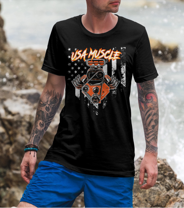USA Muscle Engine With American Flag Background T-Shirt