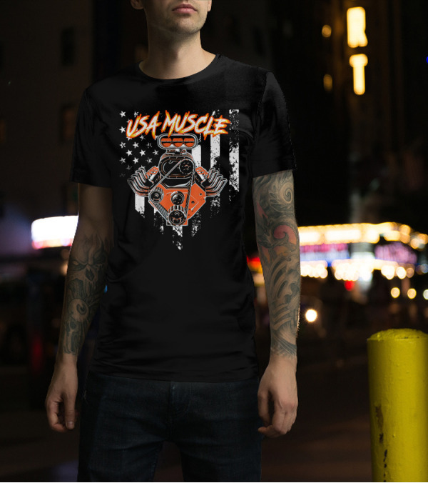 USA Muscle Engine With American Flag Background T-Shirt