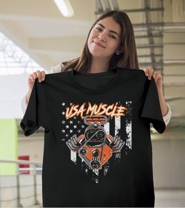 USA Muscle Engine With American Flag Background T-Shirt