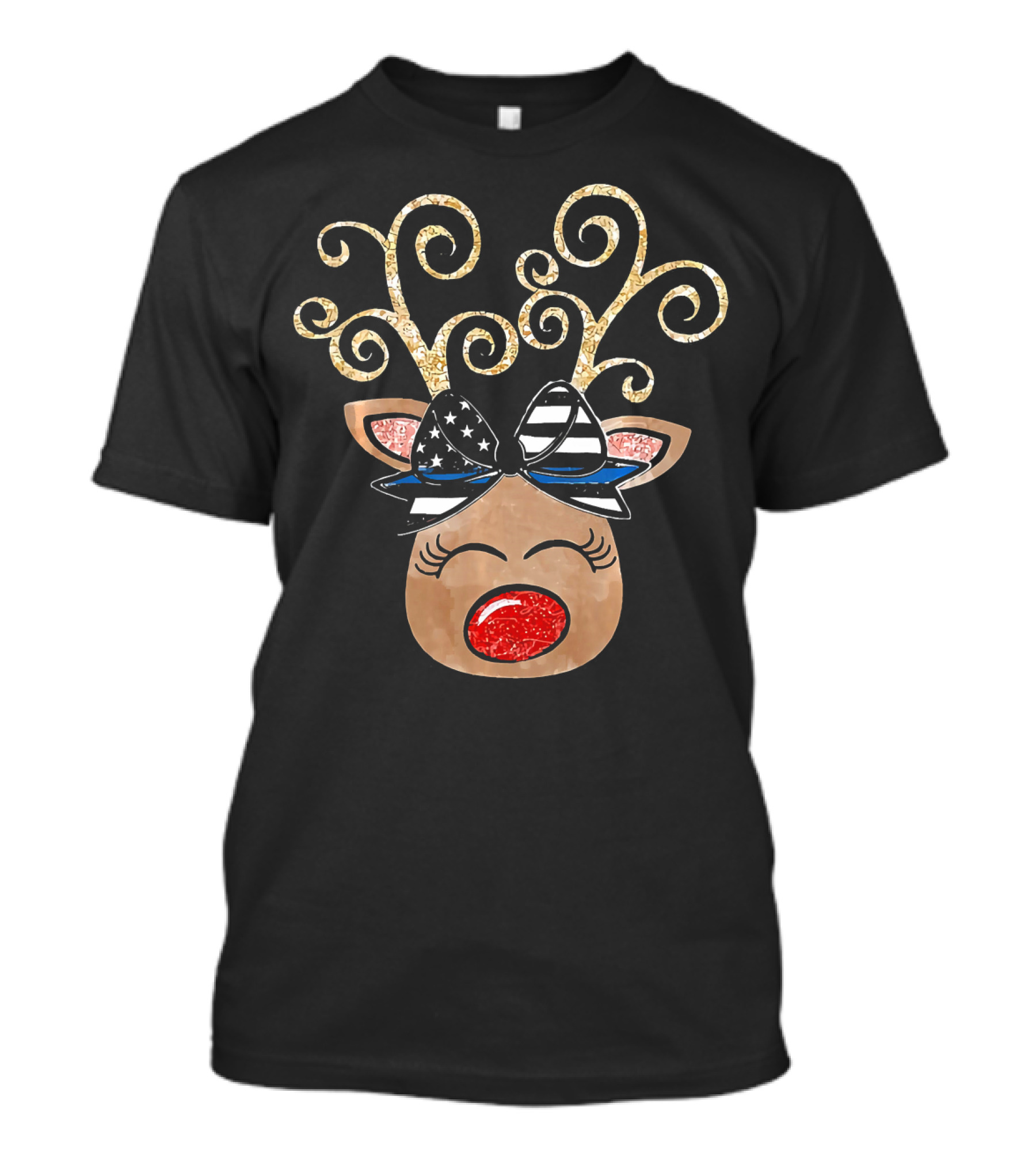 Reindeer With Glittery Antlers And USA Flag Bow T-Shirt