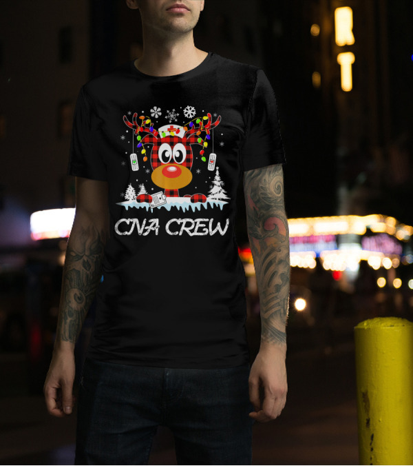 CNA Crew Funny Reindeer Buffalo Plaid Christmas Lights Snowflakes T-Shirt