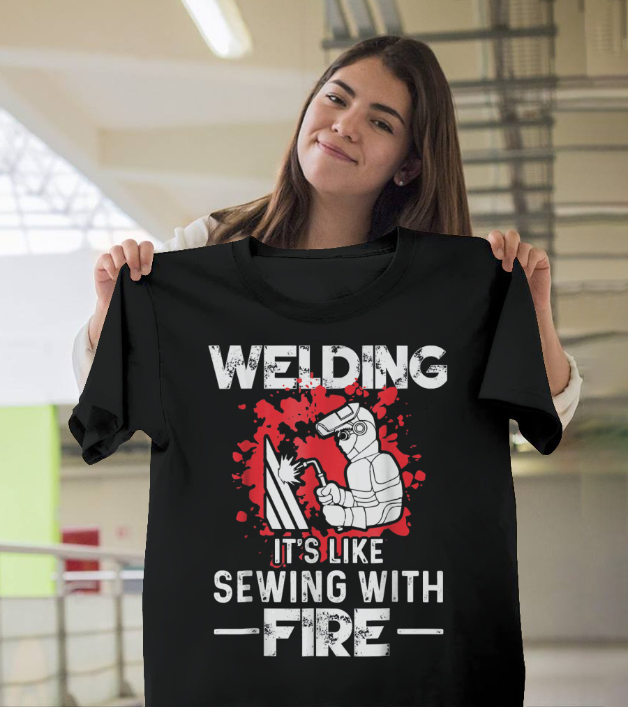 Welding It's Like Sewing With Fire Red Splatter Background Welding Mask T-Shirt