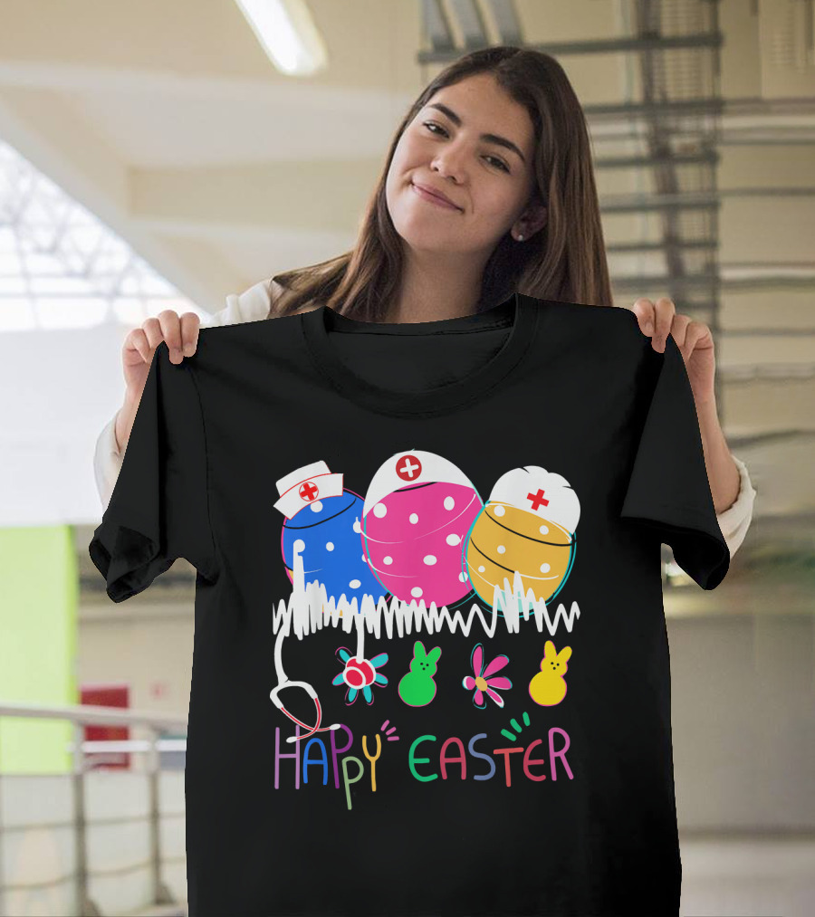 Happy Easter Bunny Nurse Eggs and Stethoscope with Bunnies and Flowers T-Shirt