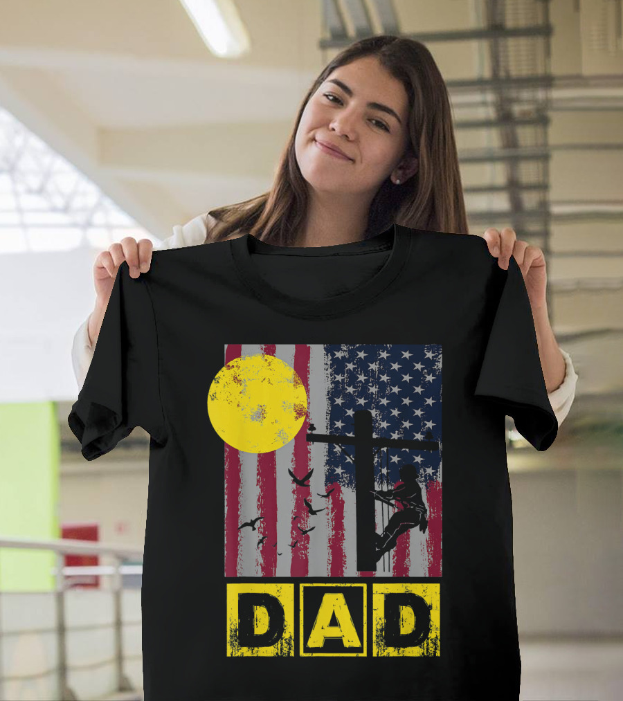 Lineman Dad American Flag Sun and Birds T-Shirt