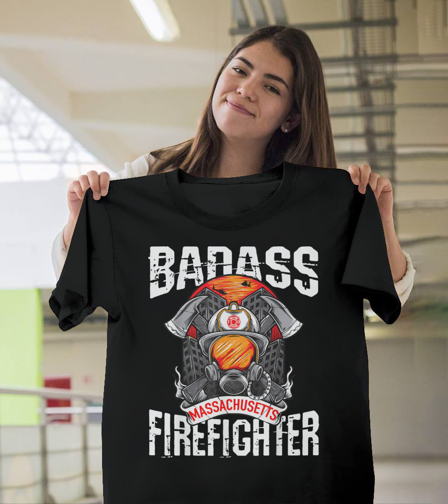 Massachusetts Badass Firefighter Helmet and Axe T-Shirt