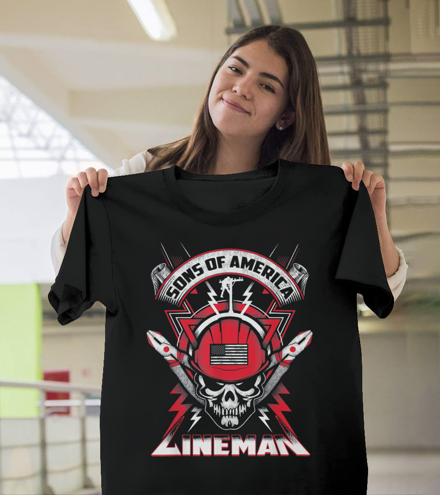 Sons of America Lineman Skull with American Flag and Hard Hat T-Shirt
