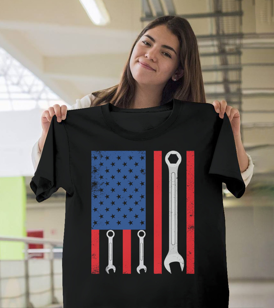 Mechanic Wrench American Flag Baseball Spo T-Shirt